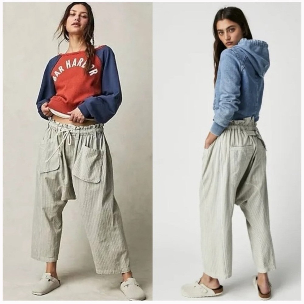 Free People Cream Pinstripe Paperbag Waist Wide-Leg Pants